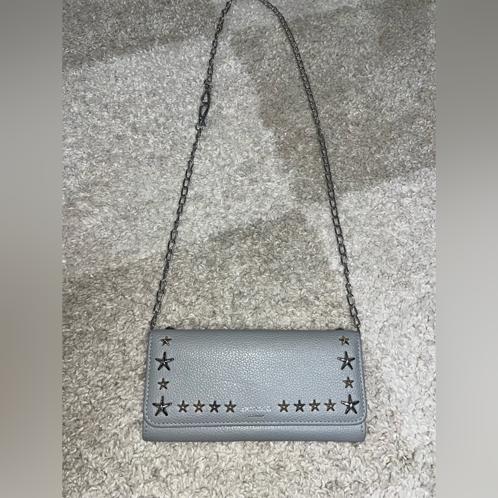Jimmy Choo Gray Star-Studded leather long wallet on chain